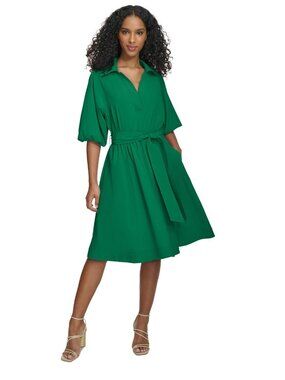 Calvin Klein Green Belted A-Line Dress With 3/4 Sleeves Size 4 MSRP $134